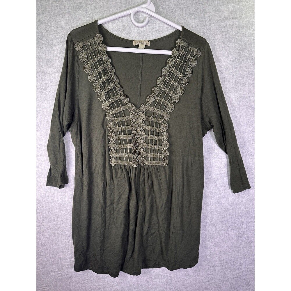 Live & Let Live Knit Tunic Top WOMEN'S SZ 1X Weathered Green 3/4 Sleeve Boho